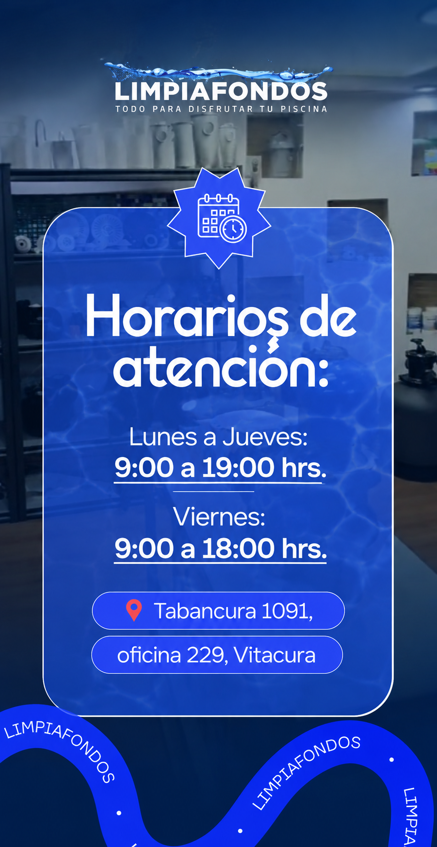 Horarios de atención: Lunes a Jueves de 9:00 a 19:00 hrs, Viernes de 9:00 a 18:00 hrs. Tabancura 1091, oficina 229, Vitacura. Escríbenos por WhatsApp.